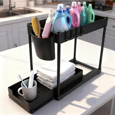 Imagen del producto de Estantería de 2 niveles con cajones extraíbles, color , diseño que ahorra espacio, ideal para la cocina y el baño