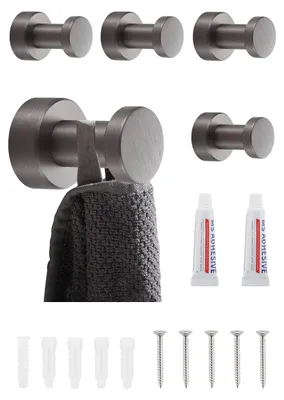 Image de Crochets muraux gris – lot de 5 | Crochets à serviettes en acier inoxydable pour la salle de bains et la cuisine | Autocollants ou à fixer au mur