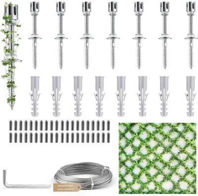 Produktbild von Klimset aus Edelstahl mit Wandhalterungen und Seil - Vollständiges Set aus 12 Halterungen und 16 m Seil von 3 mm