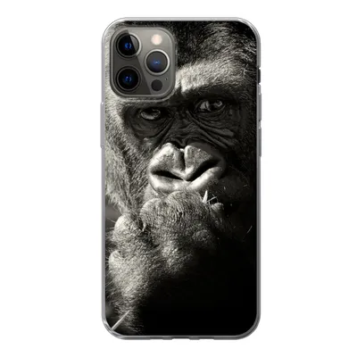 Produktbild von MuchoWow® Handyhülle Schutzhülle Hülle für iPhone 12 Pro Gorilla auf schwarzem Hintergrund in Schwarz und Weiß Silikon Softcase Handy Hülle - Abdeckung