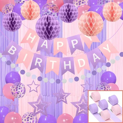 Produktbild von Party Dekoration Set Violett Rosa Happy Birthday Banner Girlande Luftballons Wabenbälle