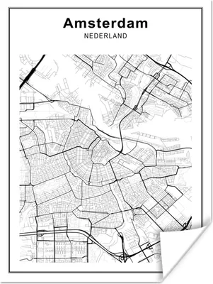 Produktbild von MuchoWow® Poster Stadtplan - Schwarz und weiß - Amsterdam 90x120 cm - Wohnzimmer