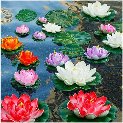 Produktbild von Kunstleliepads, drijvende Lotusbloemen, 11 und 6 Zoll, 14 Stück, für Teich und Garten