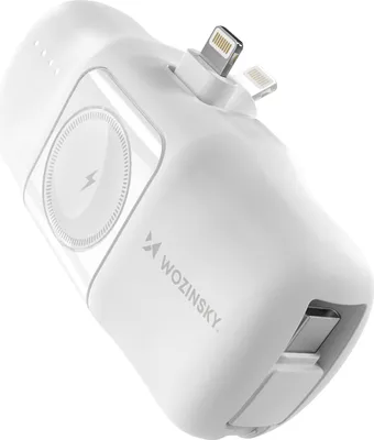 A white Wozinsky mini-powerbank with integrated cables and a charging pad.