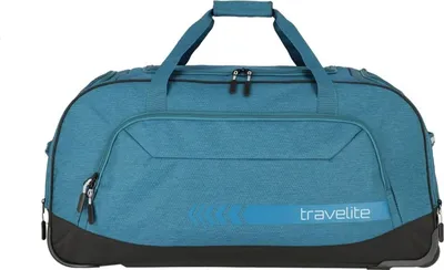 A teal Travelite duffel bag with black accents and wheels, shown against a white background.