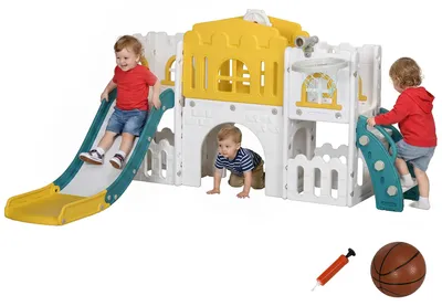 Productafbeelding van Kinderglijbaan, 7-in-1 speelstructuur met basketbal en stuurwiel, voor kinderen van 1-3 jaar, 178x177x99cm, geel/wit/groen