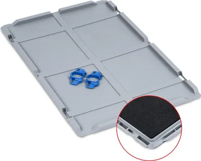 Produktbild von Auflagedeckel Set Eurobox NextGen mit Schaumstoff und 4 blaue Schiebeschnappverschlüsse | BxT 40x60cm | Grau | Eurobehälter, Transportbox, Transportbehälter, Stapelbehälter