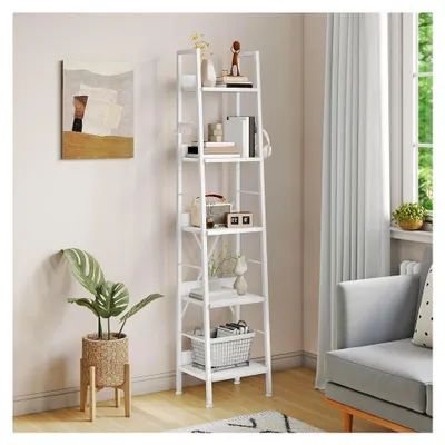 Produktbild von Schmales Bücherregal mit 5 Ebenen, 35 cm Breite, Leiterregal aus Holz und Metallrahmen, modernes Regal in reinweiß