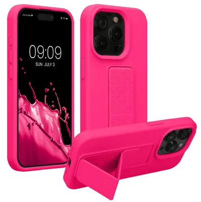 Produktbild von kwmobile Handyhülle für Apple iPhone 15 Pro Max Hülle - TPU Silikon Case mit Fingerhalter und Stand - Schutzhülle Cover in Neon Pink