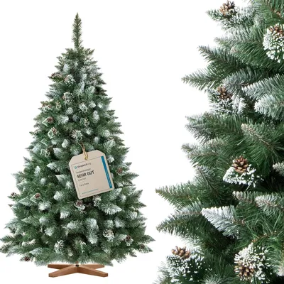 Image de FairyTrees Sapin de Noël Artificiel 180cm | Arbre de Noël avec Support en Bois | PIN ENNEIGÉ Blanc Naturel | EU
