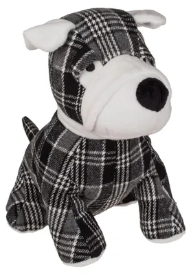 Produktbild von Türstopper in Hundeform, 25 cm hoch – schwarz, grau, weiß kariert – aus Polyester mit einer Füllung von ca. 1 kg – dekorative Unterstützung für Böden und Wohnräume.