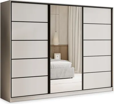 A modern sliding door wardrobe with a mirrored center panel, set against a neutral background.