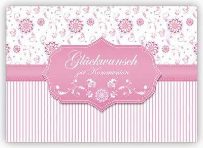 Produktbild von 4x Schöne Kommunions Grußkarte als Gratulation des Kommunions Kindes mit Blümchen und Streifen, rosa: Glückwunsch zur Kommunion