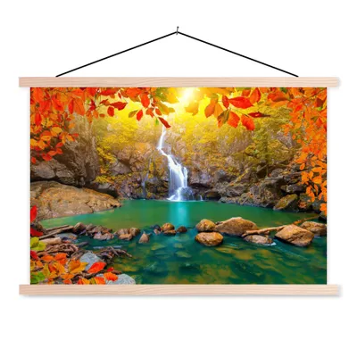 Produktbild von MuchoWow® Textilposter Steine - Baum - Wasserfall - Herbst - Rot 60x40 cm mit holzfarbenen Rahmen - Bilder