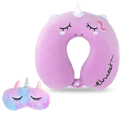 Imagen del producto de MOLIMOLI Almohada de viaje para niños, con espuma viscoelástica, diseño de unicornio, antifaz, color púrpura, 30x30 cm, almohada para el cuello con forma de unicornio para adultos, soporte para el cuello infantil divertido
