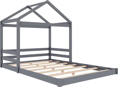 Produktbild von Hausbett 140x200cm Kinderbett (ohne Matratze) Massivholzbett Doppelbett Jugendbett Holzbett Bodenbett Mit Lattenrost Kiefernholz Grau