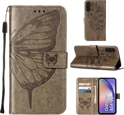 Produktbild von Lederhülle für Samsung Galaxy A54 Schmetterling Prägung Flip Ledertasche Kartenfächer Handyhülle mit Ständer Grau