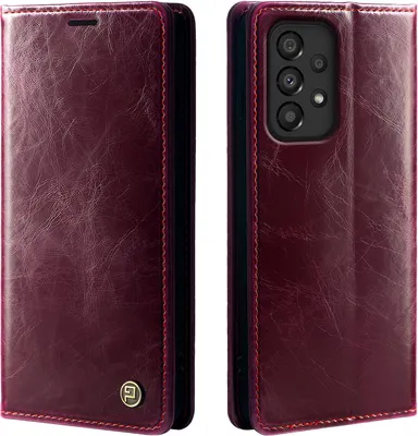 A burgundy leather flip case for a Samsung Galaxy A53 5G phone, shown from the front and back.
