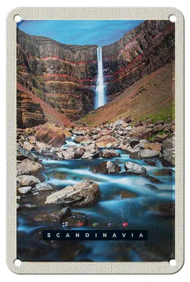 Produktbild von Blechschild Reise 12x18cm Skandinavien Fluss Steine Wasserfall Schild