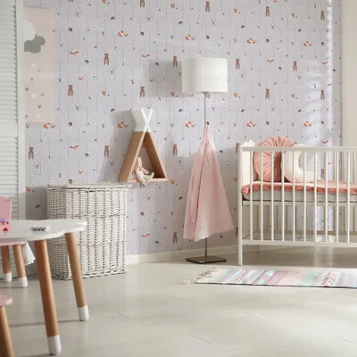 Produktbild von TADESSI Tapete Kinderzimmer M1-No.724 Vliestapete Grau Weiß Waldtapete Tiere Jungenzimmer Mädchenzimmer