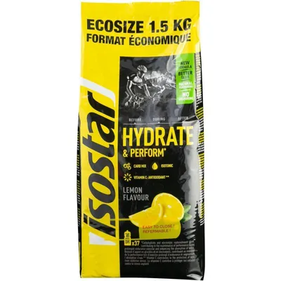 A bag of Isostar Hydrate & Perform lemon-flavored electrolyte drink mix.