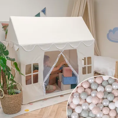 Immagine prodotto di KiddyMoon Tenda per bambini con 200 palline per la casa dei bambini Design pieghevole Tenda da gioco per bambini Creatività interna Tenda per bambini per la stanza dei bambini all'interno e all'aperto, colore naturale: bianco/perla/beige pastello/verde grigio