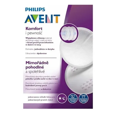 The image shows the packaging of Philips Avent nursing pads.