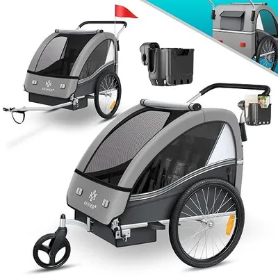 Produktbild von Kinderfahrradanhänger Sport-RX 2in1 Jogger & Buggy 5-Punkt-Gurt Sicherheitsgurt 360° Vorderrad Kinderfahrradanhänger Reflektoren für 1-2 Kinder (max. 40 kg) Getränkehalter & Smartphonefach