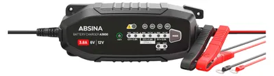 A battery charger with cables and clamps is shown against a white background.