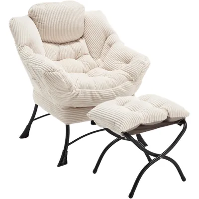 Produktbild von Sessel Flanell Armlehnstuhl Ohrensessel mit 1 Fußhocker, 1 Seitentasche, Relaxsessel mit Hocker, Der Polstersessel mit Stahlgestelle