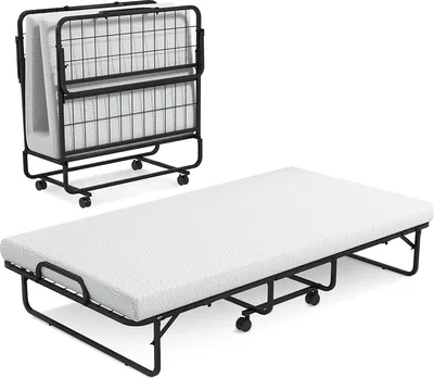 Obrázok produktu pre Skladacia posteľ pre hostí COSTWAY 97x190 cm, skladacia posteľ s 10 cm hrubým matracom s penovým jadrom, kovový lamelový rám, skladacia posteľ s kolieskami a robustným kovovým rámom, nosnosť do 180 kg