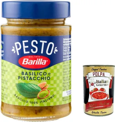 Produktbild von 6x Pesto Basilico e Pistacchio Pesto mit Basilikum und Pistazien aus nachhaltiger Landwirtschaft hergestellt 190g Italienisch Sauce glutenfrei + Italian Gourmet polpa 400g