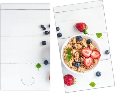Produktbild von Spritzschutz Herdabdeckplatte Schneidebrett aus Glas Müesli mit Erdbeeren 2-Teilig (60x52cm)