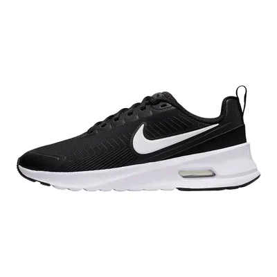 A black Nike Air Max Nuaxis sneaker with a white swoosh logo and white sole, shown from the side against a white background.