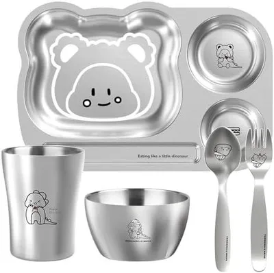 Produktbild von Edelstahl Baby Geschirrset, Kindergeschirr-Set aus Edelstahl,5-teiliges Mehrweg Geschirr-Set,Becher, Schüssel, Teller, Löffel & Gabel für Kinder