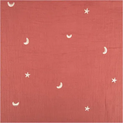 Produktbild von Musselin Double Gauze rot mit Sterne-Mond-Stickerei 1,35 m