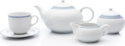 Produktbild von Opal, Teeservice, Porzellan, weiße Spitze, blauer Rand, Thun, 15-teilig