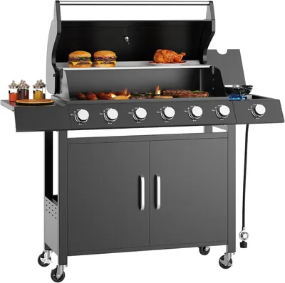 Zdjęcie produktu dla Grill Gazowy 7 Palników 60 000 BTU, Side Burner, Stal Nierdzewna, Przenośny