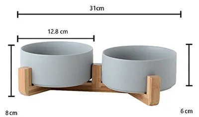 Image de Deux gamelles en céramique pour chats et petits chiens, avec support en bambou, couleur gris