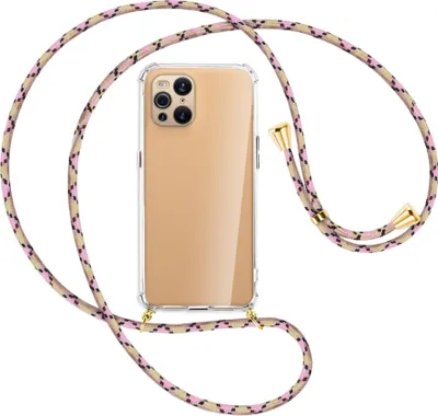 Produktbild von Handykette Backcover-Schutzhülle mit Band (Metall goldfarben) für Oppo Find X3 Pro - rosa Karo