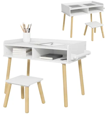 Produktbild von Kindertisch und Stuhl Set - Spieltisch für Kinder - Bausteintisch mit Platte - Maltisch mit Papierrolle - MDF - 87x45x59,5 cm - Grau