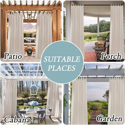Produktbild von Wasserdichte Outdoor-Leinen-Vorhänge für Terrasse mit abnehmbarem Tab-Top. Lichtdurchlässig, privatsphärenfördernd, 2 Stück, 52x95 Zoll, Naturfarbe.