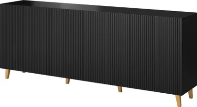 Produktbild von Kommode PAFOS 200 cm SCHWARZ MATT goldene beine mit gefräster fronten MDF 4 Türen Sideboard Highboard Schrank offene Regale Büfett