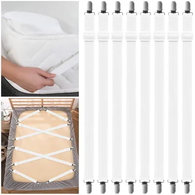 Image de Lot de 8 pinces élastiques pour draps, réglables (35 cm - 130 cm), avec des pinces métalliques pour les draps, les matelas, les tables à repasser ou les canapés.
