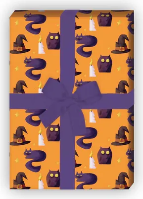 Produktbild von Halloween Geschenkpapier mit Eulen und Katzen in orange - G6326, 32 x 48cm