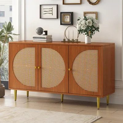 Produktbild von okwish Sideboard mit 3 Rattan verzierten Türen Kommode Highboard mit Metallgriffe, für Schlafzimmer & Wohnräume & Büro, Braun 129.8x 40x 76cm