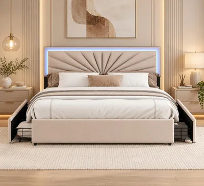 Zdjęcie produktu dla Łóżko tapicerowane INONEFT, 160x200 cm, z oświetleniem LED, 4 szufladami, idealne dla młodzieży i par, z regulowanym zagłówkiem i stelażem, kolor: beżowy, Obraz wygenerowany przez AI