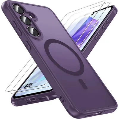 Image de Coque + 2 Verres Trempés pour Samsung Galaxy A55 5G, avec Anneau Magnétique et Vitre Caméra - Violet