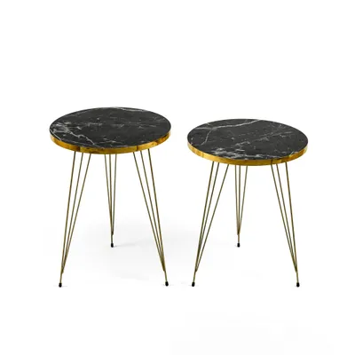 Produktbild von Moderner Satztisch, 2er-Set, Marmormuster, Couchtisch, rund, Beistelltisch und Endtisch, Wohnzimmermöbel, Schwarz