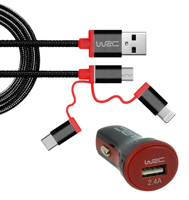 Autolader 2,4 A mit 3-in-1-Kabel (Micro-USB, USB-C, Lightning) 1,10 m